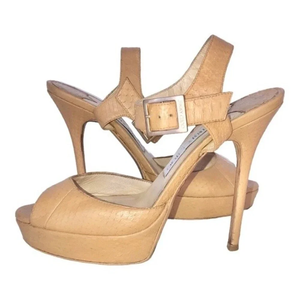 Jimmy Choo Peep Toe Platform Ankle Strap Stiletto Nude Python Leather Heels